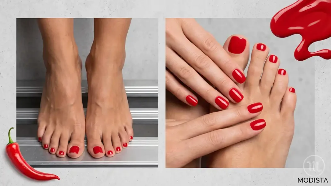 UA: Педикюр Піканте Головний Тренд Літа 2026 | PL: Pedicure Picante Główny trend lata 2026 | EN: Pedicure Picante Main Trend of Summer 2026 UA: Жіночі ніжки в шкіряних босоніжках на тлі басейну з ідеальним яскравим педикюром теплого червоно-помаранчевого кольору. | PL: Kobiece nogi w skórzanych sandałach na tle basenu z doskonałym jasnym pedicure w ciepłych kolorach czerwieni i pomarańczy. | EN: Female legs in leather sandals against the background of a swimming pool with a perfect bright pedicure in warm red and orange colors.