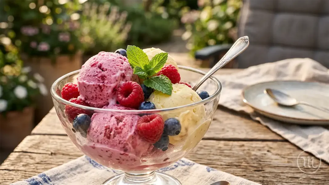 UA: Домашнє Морозиво Без Цукру За П'ять Хвилин | PL: Domowe lody bez cukru w pięć minut | EN: Homemade ice cream without sugar in five minutes UA: Кульки корисного фруктового десерту без цукру в скляній піалі на дерев'яному столі. | PL: Kulki zdrowego deseru owocowego bez cukru w szklanej misce na drewnianym stole. | EN: Balls of healthy fruit dessert without sugar in a glass bowl on a wooden table.