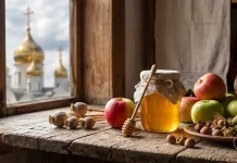 Скляна банка меду, червоні яблука та горіхи на дерев'яному столі