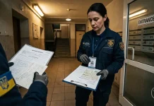 Фотографія двох працівників комунальної служби у під'їзді житлового будинку.