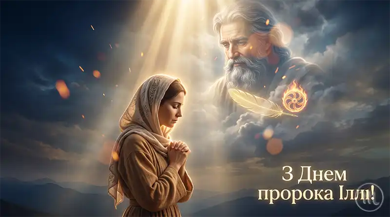 Жінка в хустці щиро молиться під променем світла, а в хмарах вимальовується силует пророка Іллі.