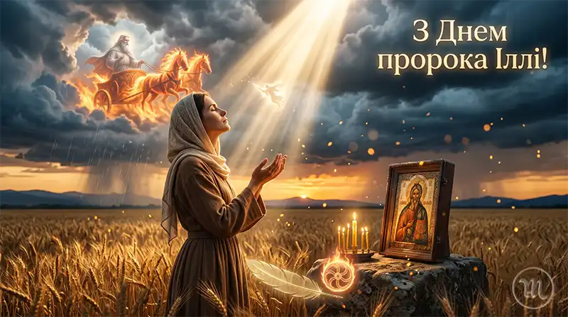 Жінка молиться у пшеничному полі під грозовим небом і благословенним променем світла.