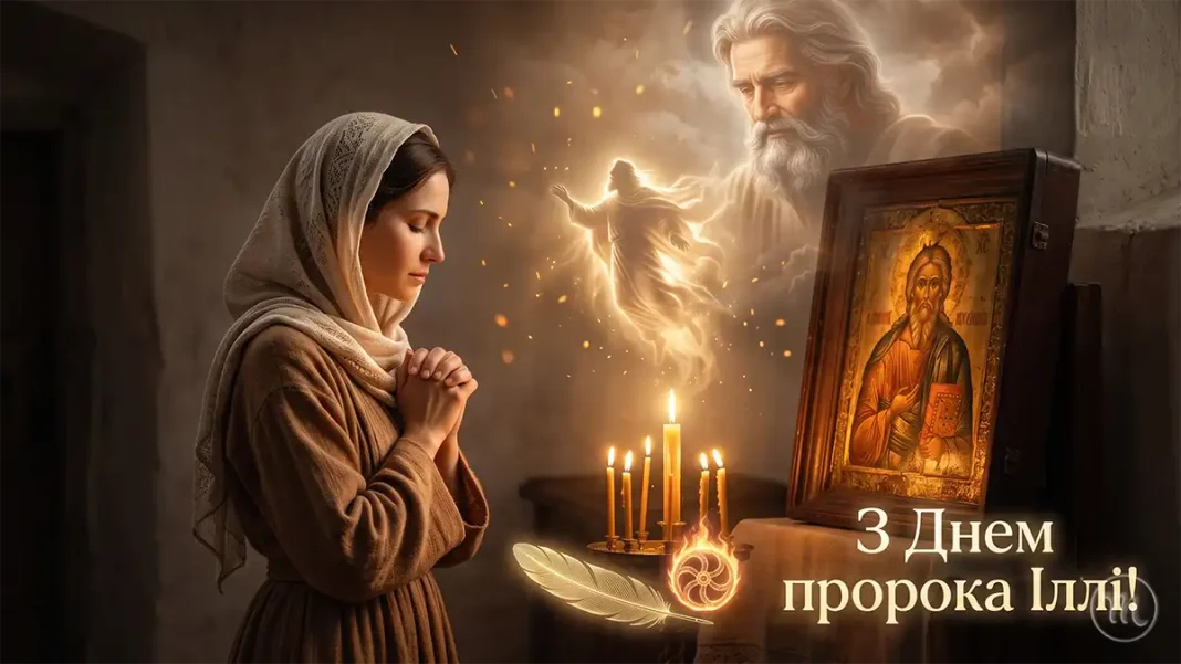 Небесний Громовержець: Найсильніші Молитви До Пророка Іллі Про Захист, Здоров’я Та Покровительство Жінка молиться біля ікони пророка Іллі при свічках із душевним сяйвом у кімнаті.