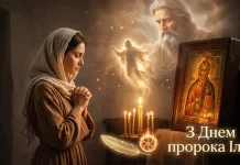 Жінка молиться біля ікони пророка Іллі при свічках із душевним сяйвом у кімнаті.