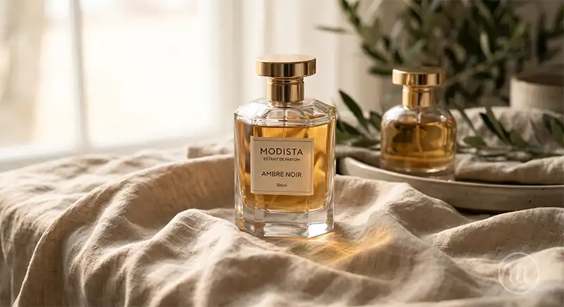 Elegant perfume bottles on soft fabric with warm cinematic lighting. Elegant perfume bottles on soft fabric with warm cinematic lighting.