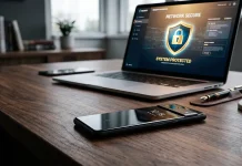 Смартфон та ноутбук із символом безпеки на екрані, що символізують ліцензоване онлайн-казино.
