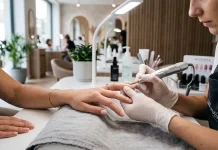 UA: Майстер виконує комбінований манікюр за допомогою фрези та інструментів | PL: Mistrz wykonuje manicure kombinowany za pomocą noża i narzędzi | EN: The master performs a combined manicure using a cutter and tools