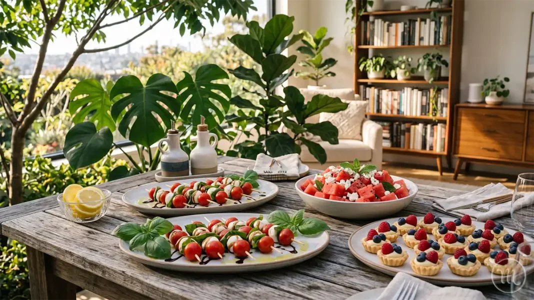 UA: Літні Закуски На Вечірку | PL: Przekąski na letnie przyjęcie | EN: Summer Party Appetizers UA: Швидкі порційні літні закуски на дерев'яному столі під час фуршету. | PL: Szybkie porcje letnich przekąsek na drewnianym stole podczas bufetu. | EN: Quick portions of summer snacks on a wooden table during a buffet.