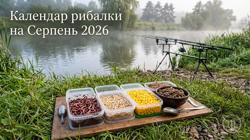 Детальний знімок різноманітних приманок для риболовлі (черв'яки, опариші, кукурудза, підгодовування) на дерев'яній дошці біля річки, з вудками на задньому плані.