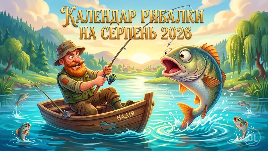 UA: Секрети вдалого серпневого лову та найкращі дні для виходу на водойму | PL: Sekrety udanego wędkowania w sierpniu i najlepsze dni na wyprawę nad zbiornik | EN: Secrets of successful fishing in August and the best days to go to the reservoir UA: Кумедна цифровий малюнок-ілюстрація рибалки у човні, який з подивом тягне вудкою величезну рибу на річці. | PL: Zabawna cyfrowa ilustracja przedstawiająca rybaka na łodzi, który ze zdziwieniem łapie na rzece ogromną rybę na wędkę. | EN: A funny digital drawing illustration of a fisherman in a boat who is surprised to catch a huge fish on the river with a fishing rod.