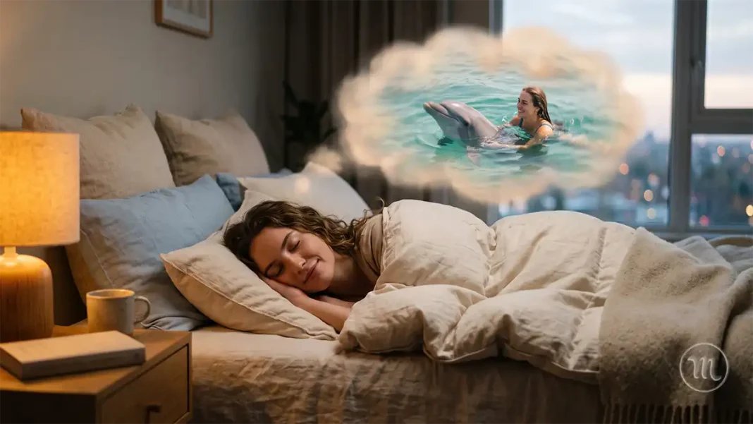 UA: До Чого Сниться Плавати З Дельфінами | PL: Po co marzyć o pływaniu z delfinami | EN: Why dream of swimming with dolphins UA: Жінка плаває у прозорій бірюзовій воді океану поруч із дельфіном | PL: Kobieta pływa w czystej, turkusowej wodzie oceanu obok delfina | EN: A woman swims in clear turquoise ocean water next to a dolphin