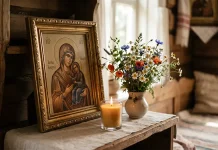 Запалена свічка та польові квіти біля ікони святої Анни в сонячному інтер'єрі